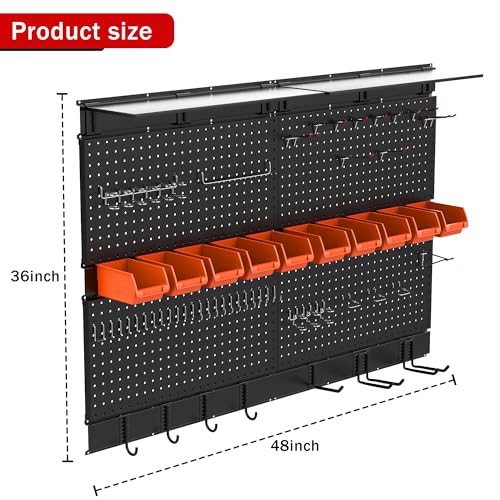 Ultrawall Black Pegboard Wall Organizer, 48X 36 inch for Garage Storage with Hooks, Storage Bins, Tool Panel Organizer, 72pcs - color: Black