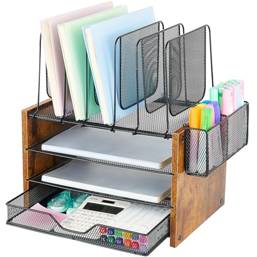 OPNICE Desk Organizer, 4-Tier Desktop File Organizer with Drawer and 2 Pen Holders, Office Desk Accessories, Workspace Organizers for Office Supplies(Brown Wood) - color: Brown, size: 4-tier