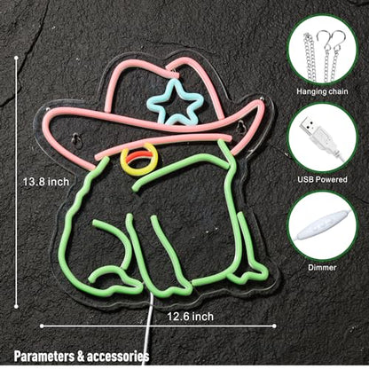 Cowboy Toad Neon Sign Frog Neon Light Cowboy LED USB Powered Dimmable Art Signs for Pub Store Man Cave Room 13.8 X 12.6 inch - color: Frog Green
