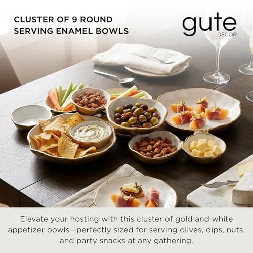 Cluster of 9 Round Serving Bowls Enamel Clusters Decorative Elegant Snack Tray for Olives, Chip & Dip, Nuts, Appetizers & Entertaining Strong Brass & Enamel Home Decor Gifts, Parties & Weddings 22" - color: Enamel White and Gold 9 Cluster 22"