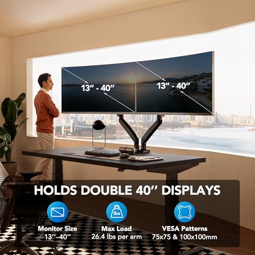 HUANUO Dual Monitor Stand for 13″–40″, Premium Dual Monitor Mount with USB, Height Adjustable Monitor Stand for 2 Monitors, VESA Mount with Clamp/Grommet Base, Holds 26.4lbs per Arm, HNDS7