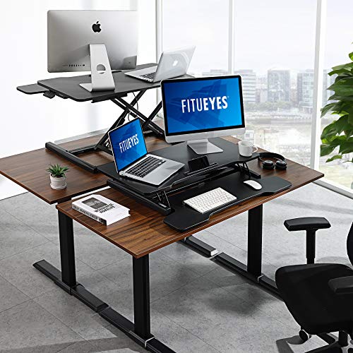FITUEYES Height Adjustable Standing Desk 32” Wide Sit to Stand Converter Stand Up Desk Tabletop Workstation for Dual Monitor Riser FSD308001WB - color: Black