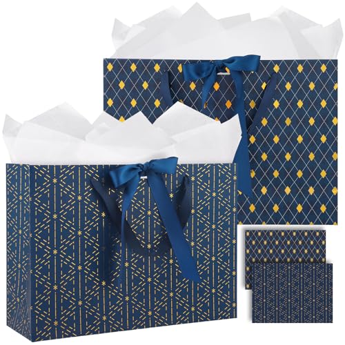 woric 2 Pcs Gift Bags for Men, 13.7" Large Blue Graduation Gift Bag with Handles Matching Tissue Paper Cards for Men Birthday Wedding Anniversary Special Occasion - color: Navy Blue