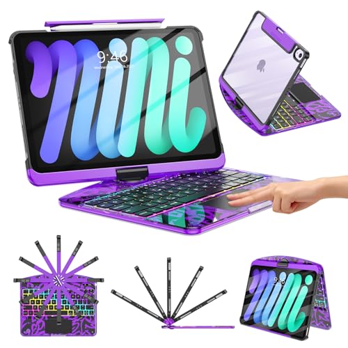 TSQQST Clear Wireless Keyboard Case for iPad mini 7 A17 Pro (2024)/ Mini 6 (2021) 8.3" w/Multi-Touch Trackpad, 7-Color Backlit, Pen Holder, 360 Rotating Case for iPad mini 7th/6th Generation-Purple - color: Clear+Purple, size: Mini7/6
