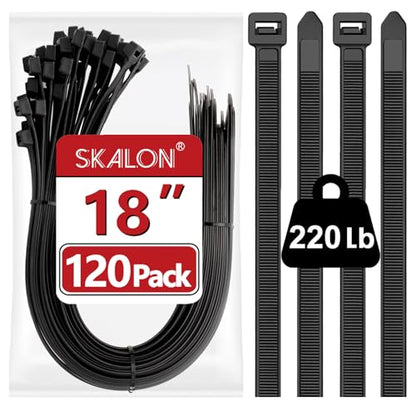 Large Zip Ties 18 Inch (120 Pack) - Heavy Duty, 220 lb Tensile Strength, Black Cable Ties, Extra Long Wire Ties, SKALON - size: 18" (120 Pack)