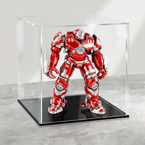 LANSCOERY Acrylic Display Case, 8x8x8 in Clear Display Box with 2mm Panels, Black Base, LED String Light Accessory for Action Figures and Building Block Models - color: Black, size: 8x8x8inch; 20x20x20cm