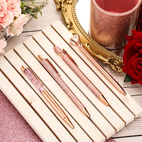 Sabary 8 Pcs Rose Gold Pens with Pen Holder for Desk Glitter Crystal Diamond Cute Ballpoint Fancy Pencil Holder Bling Desk Organizer for Women Girls School Office Supplies Wedding Graduation Gifts - color: Rose Gold