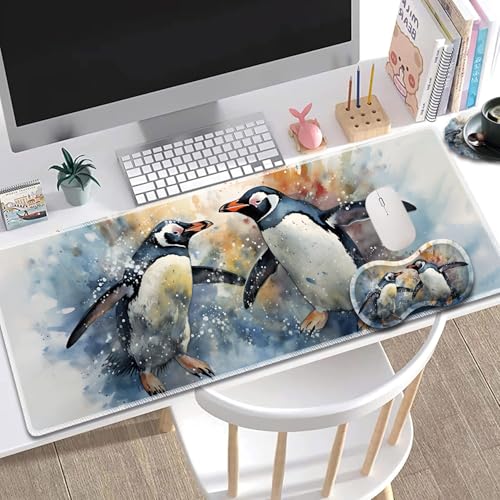 Large Gaming Mouse Pad + Mouse Wrist Rest Pad + Coaster Combination, 31.5 "x 11.8" Durable Non-Slip Extension Table Mat, Suitable for Office and Home, Watercolour Penguins - color: Watercolour Penguins