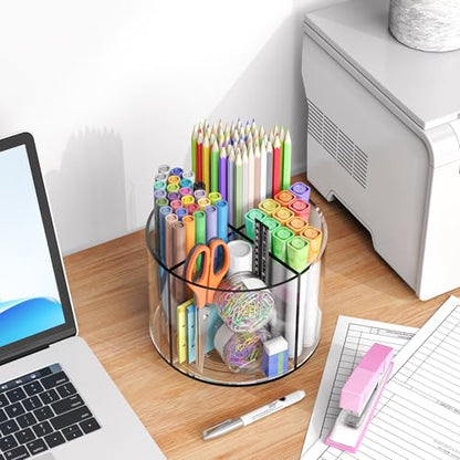 Wawocs Small Pencil Organizer for Desk Acrylic 4 Compartments, Tiny Rotating Art Supply Organizer Kids, Spinning Round Marker Small Clear Desktop Caddy Swivel Office Pen Pencil Holder - size: Medium no handle