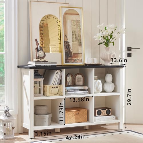 Joaxswe Farmhouse 6 Cube Bookshelf, Antique White & Black Wooden Storage Organizer Book Shelf, 47" Cubby Hallway Bookcase, Kids Toy Storage Cabinet, Modern Open Book Case for Living Room, Playroom - color: Warm White & Black, size: 6 Cube (13.6"D x 47.24"