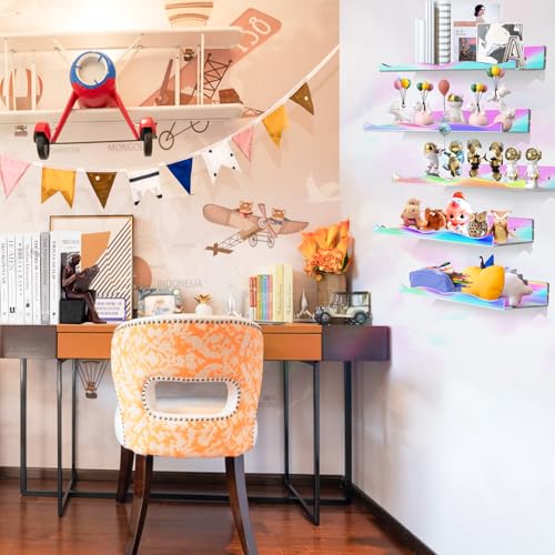 DILIBRA 6 Packs Iridescent Clear Acrylic Floating Shelves, 15.7 Inch Large Set up for Funko Pop Display Case Picture Ledge Shelf, Acrylic Floating Wall Bookshelf Organizer for Kids Room Bathroom