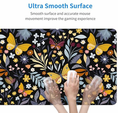Mouse Pad Gaming, Large Mouse Pads for Desk, Keyboard Mouse Mat Desk Pad, Non-Slip Rubber Base with Stitched Edges Mousepad, 31.5x15.7in Butterflies and Flowers - color: Butterflies and Flowers, size: 31.5L x 15.7W inches