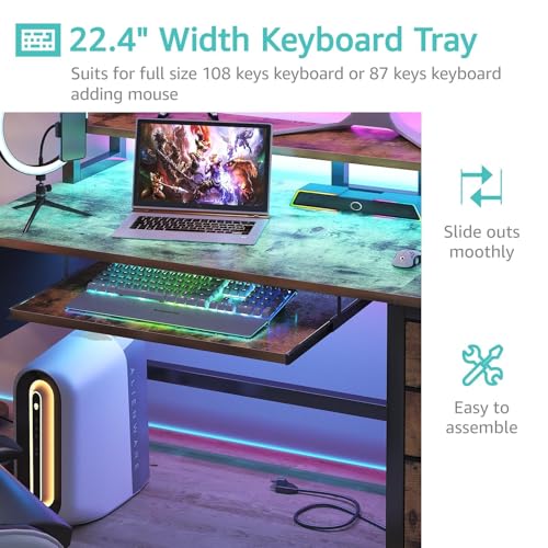 Lufeiya Gaming Desk with LED Lights and Power Outlets, 47 Inch Home Office Desks with Keyboard Tray, Computer Desk with File Drawers Cabinet, Writing Table PC Desks with Monitor Stand, Rustic Brown - color: Brown