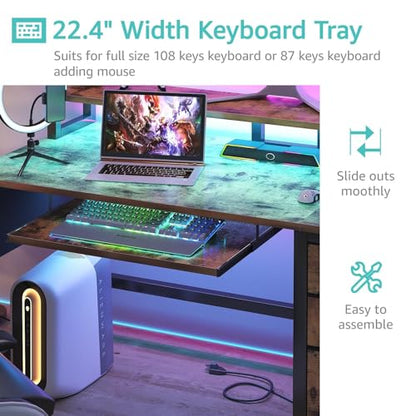 Lufeiya Gaming Desk with LED Lights and Power Outlets, 47 Inch Home Office Desks with Keyboard Tray, Computer Desk with File Drawers Cabinet, Writing Table PC Desks with Monitor Stand, Rustic Brown - color: Brown
