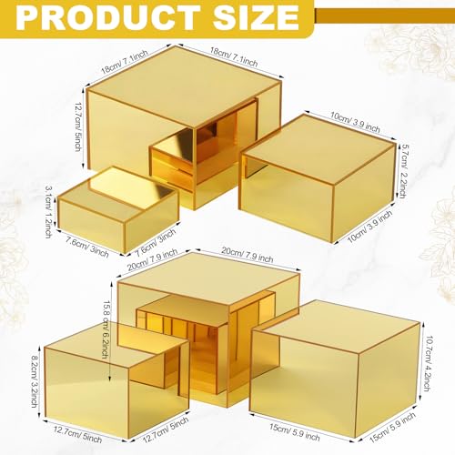 Geelin 6 Pack Acrylic Risers for Display Acrylic Cube Boxes Risers Display Stands with Hollow Bottoms Decorative Stand for Jewelry Candy Table Decor 6 Sizes(Gold,3 to 8 Inch,Square) - color: Gold, size: 3 to 8 Inch, style: Square