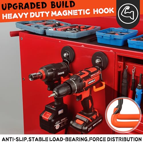 ULIBERMAGNET New Upgraded Heavy Duty Magnetic Garage Hooks,2 Pack Strong Large Magnet Hooks for Power Drill,Garden Tools,Hose,Pegboard,Garage, Workshop,Magnetic Storage Hook for Hanging(Orange) - style: V1 PRO 2.59" Medium L Orange 2PC