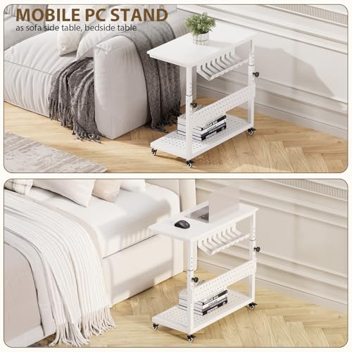 Garvee PC Computer Tower Stand with Wheels, 2-Tier Adjustable CPU Holder Cart, Rolling Mobile Desk Stand with Cable Management & Hooks, Small Side Table for Home Office/Gaming, White - color: White