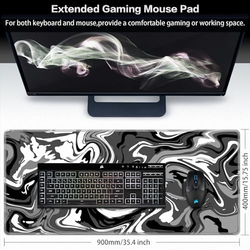 Canjoy Gaming Mouse Pad, Fluid Pattern Mouse Pad 35.4x15.7inch Large Extended Computer Mouse Mat Keyboard Full Desk Mousepad for Gaming, Office, Home - color: Black-Gray Fluid, size: 900*400mm