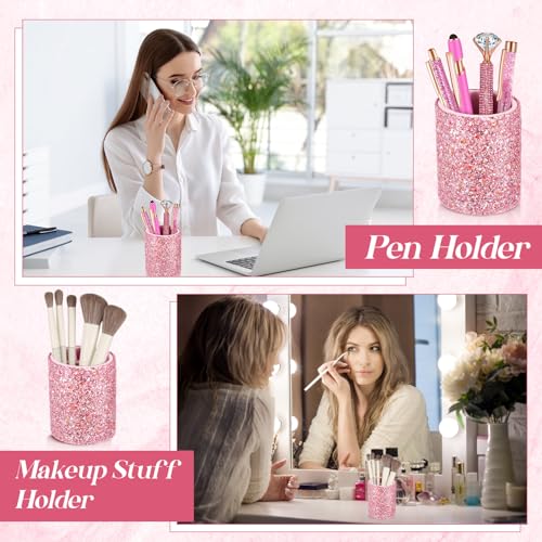 Sabary 8 Pcs Shiny Pink Pens with Pen Holder for Desk Glitter Crystal Diamond Cute Ballpoint Fancy Pencil Holder Bling Desk Organizer for Women Girls School Office Supplies Wedding Graduation Gifts - color: Shiny Pink