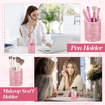 Sabary 8 Pcs Shiny Pink Pens with Pen Holder for Desk Glitter Crystal Diamond Cute Ballpoint Fancy Pencil Holder Bling Desk Organizer for Women Girls School Office Supplies Wedding Graduation Gifts - color: Shiny Pink