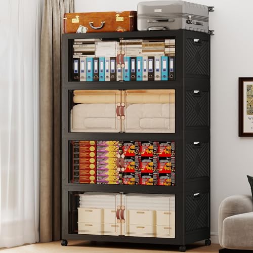 1136QT Extra Large Stackable Storage Bins with Lids & Wheels & Door, 284Gal Foldable Collapsible Closet Organizers, Plastic containers drawers for bedroom Dorm - color: Black