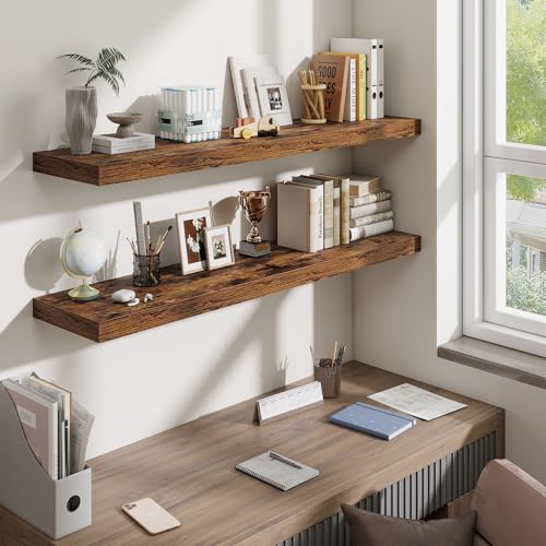 48 Inch Floating Shelves for Wall - 10 Inch Deep Fireplace Mantel Shelf - Wood Floating Shelf for Wall - Large Storage Shelves Wall-Mount for Living Room & Bedroom - Rustic Brown - Set of 2 - color: Brown Color, size: 48W x 10D x 1.5H