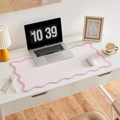Pink Scalloped Desk Mat, 31.5" x 15.7", PU Leather, Waterproof Anti-Slip, Cute Aesthetic Desk Pad for Office/Home/Game/Vanity Large - color: Pink