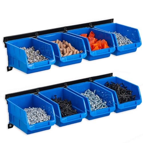 Wallmaster 8-Bin Storage Bins Garage Rack System 2-Tier Orange Tool Organizers Cube Baskets Wall Mount Organizations (Blue) - color: Blue, size: 8Bins+2Rails