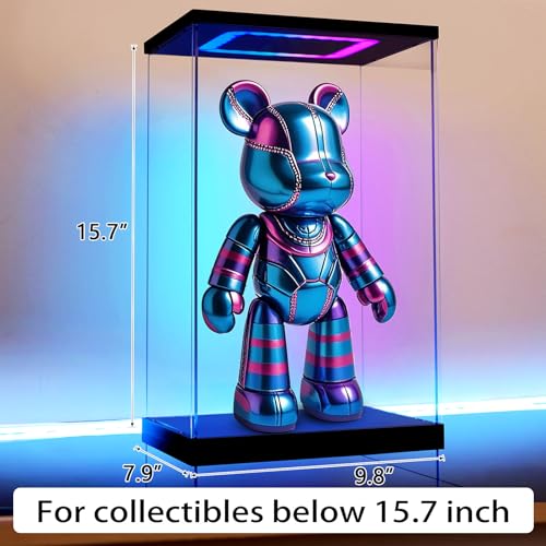 Clear Acrylic Display Case with Light for bearbrick, Multiple Color Lights Dustproof Protection Display Box for Collectibles Action Figures（9.8×8×15.7inch） - size: 9.8*8*15.7 in