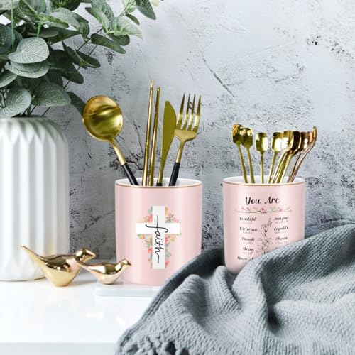 Ceramic Pen Holder for Desk Cute, Pencil Holder Cup, Makeup Brush Holder Pink, Multi-Functional Organizer for Office, Religious Style - color: Religious Style