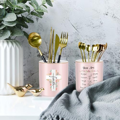 Ceramic Pen Holder for Desk Cute, Pencil Holder Cup, Makeup Brush Holder Pink, Multi-Functional Organizer for Office, Religious Style - color: Religious Style