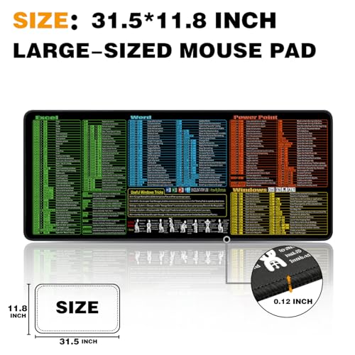 Mouse Pad for Excel/Word/PowerPoint/Windows Shortcuts, Excel Cheat Sheet Desk Pad PC Desk mat, 31.5"x11.8" Large XL Mouse Pad, Office Desk Accessories for Desk Mat for Office, Gaming - size: 31.5L x 11.8W inches