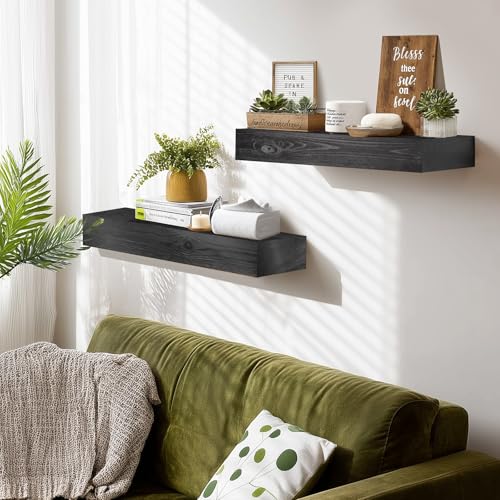 17x3x7 inch Floating Shelves Wall Mounted - Set of 2 Black Rustic Solid Wood Wall Shelf - Heavy Duty Decorative Fireplace Mantel for Living Room, Bedroom, Bathroom, Kitchen - color: Black, size: 17x3x7-hollow-2pack