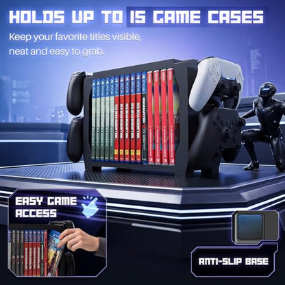 TNP Games Storage Tower (Up to 15 CD Disc) For PS5 Game Disk Rack and Controller Stand Holder For Xbox Series X/Nintendo Switch/PS4 Controller Stand Holder Can hold up to 4 controller