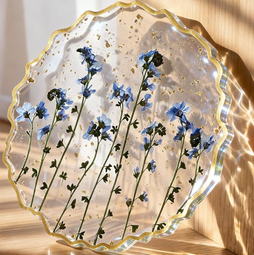 Oqplog Resin Drink Coaster for Desk Coffee Table-Blue Cute Dried Flowers Cup Coaster for Work Office Home Outdoor Decor Gifts for Girls Women,1 Pcs Wave - color: Blue