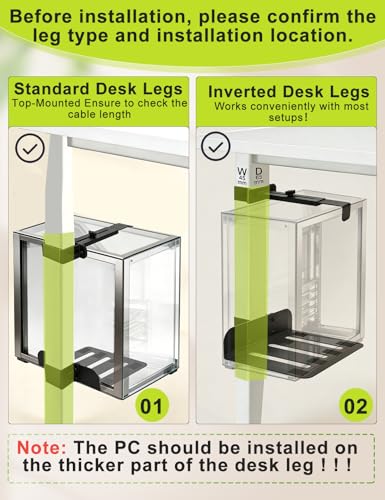No-Drill Under Desk PC Mount, Adjustable CPU Holder for Standing Desk, Compatible Only with 65mm × 45mm Desk Legs, Supports up to 50 lbs, Includes Non-Slip Pads - size: Fits Desk Leg: 65mm(D) x 45mm(W)