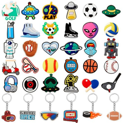 Batiyeer 36 Pack Cartoon Keychains Bulk, Novelty Sports, Robot, Alien, Video Game PVC Key Rings for Party Favors, Team Prizes, Event Giveaways, Corporate Rewards and Office Challenges - style: Game