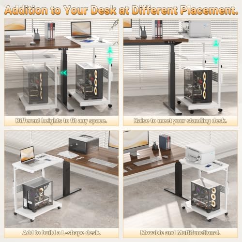 Besiost Computer Tower Stand with Power Strips, 4 Levels Manual Height Adjustable PC Tower Stand for Under Desk, Mobile Rolling CPU Holder, Computer Cart with Wheels, 24", Carbon Fiber White - color: Carbon Fiber White, size: 24"