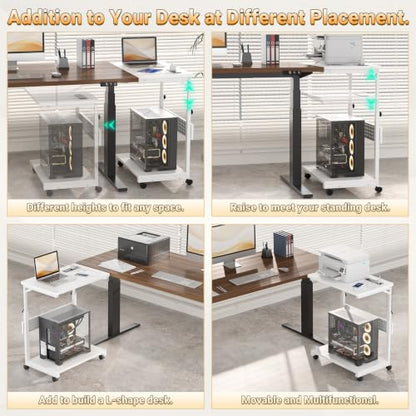 Besiost Computer Tower Stand with Power Strips, 4 Levels Manual Height Adjustable PC Tower Stand for Under Desk, Mobile Rolling CPU Holder, Computer Cart with Wheels, 24", Carbon Fiber White - color: Carbon Fiber White, size: 24"