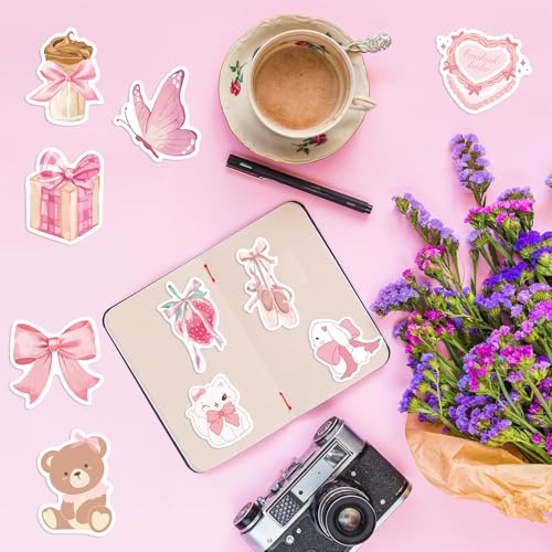 100PCS Coquette Stickers, Cute Vinyl Laptop Stickers, Pink Coquette Aesthetic Stickers Decal, Pink Sticker Pack for Girls Water Bottles Laptop Computer Phone Guitar - color: Girly Stickers