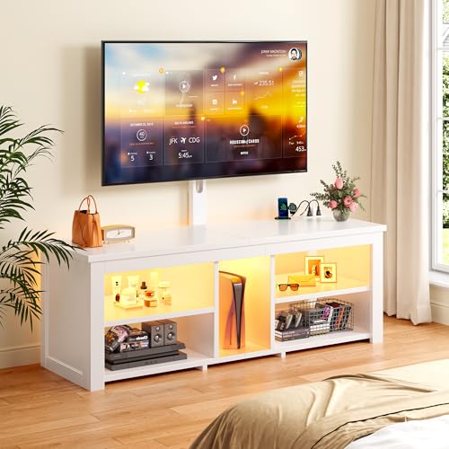 TV Stand with Mount for 55/65/70 Inch TVs Wood TV Stands for Living Room with Power Outlet & LED Lights Entertainment Center Gaming Console for Bedroom, Height Adjustable Swivel TV Mount, White - color: White