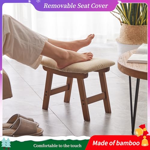 Kitsanery Foot Stool,Ottoman,Bamboo Small Sofa Foot Rest Under Desk,Extra Seating for Living Room, Bedroom and Kitchen(Brown Stool Legs - Beige Surface) - color: Brown Stool Legs - Beige Surface