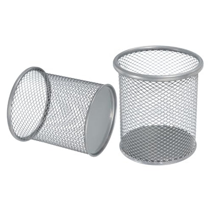 uxcell 2Pcs Mesh Pencil Holder, Metal Pen Cup Desk Organizer Makeup Brush Cup Holder for Home, Office, Classroom(Silver) - color: Silver