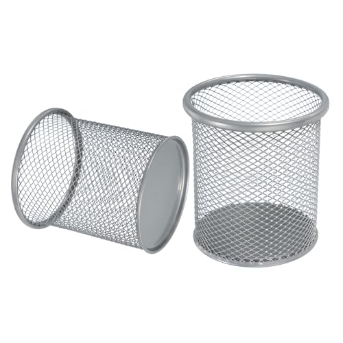 uxcell 2Pcs Mesh Pencil Holder, Metal Pen Cup Desk Organizer Makeup Brush Cup Holder for Home, Office, Classroom(Silver) - color: Silver