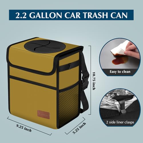 Femuar Car Trash Can with Lid - Leak Proof, Waterproof Garbage Can for SUV Front Seat, Multipurpose Car Hanging for Headrest, Collapsible and Portable with Storage Mesh Pocket, Khaki - color: Khaki, size: 2.25 Gallons