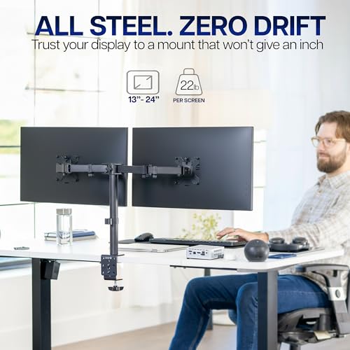 VIVO Dual Monitor Desk Mount, Heavy Duty Fully Adjustable Steel Stand, Holds 2 Computer Screens up to 24 inches and Max 22lbs Each, Black, STAND-V024 - color: Black, size: 13" - 24"