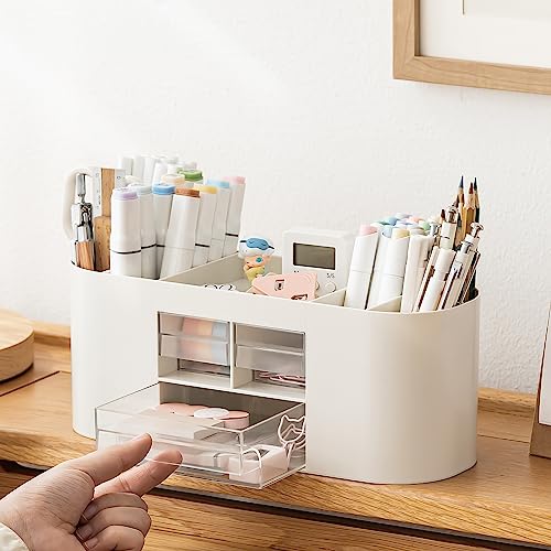 INSTOME Pencil Pen Holder for Desk with 3 Drawers - All-In-One Desk Organizer - Perfect Desk Accessories for Office Use - Stylish & Convenient Desk Organizers and Accessories (Beige) - color: Beige