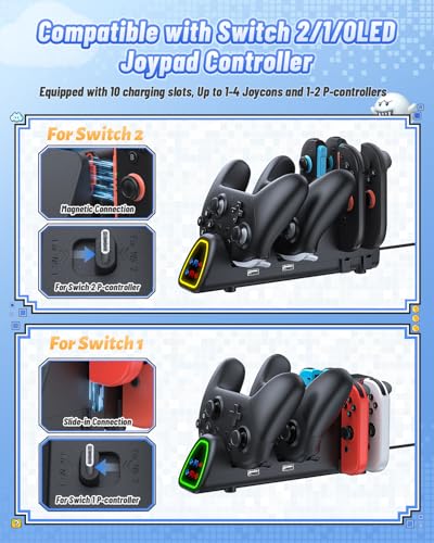 [Switch 2/1 Compatible] FASTSNAIL Charging Dock for Nintendo Switch 2/1/OLED for Joycon 2, 10 in 1 Fast Charger Station Stand for Pro Controller 2/1 with 11 RGB Modes, LED Indicator, Charger Cable - color: Matte Black, size: 6.2/7.0 /7.9 inch