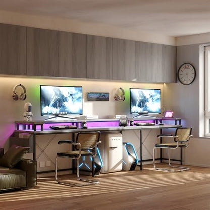 U Shaped Desk with Power Outlet & LED Lights, 79" Reversible Computer Desk with Monitor Stand, Wood Home Office Desks Gaming Desk with Shelving, Side Storage Pockets,Grey - color: Grey Oak