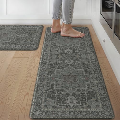 GENIMO Kitchen Mats for Floor 2PCs, Washable Anti Fatigue Mat for Cushioned, 17.3"x47"+17.3"x30", Waterproof Kitchen Rugs, Non Slip Comfort Standing Mat Rug for Home, Sink, Laundry, Dusky Green - color: Dusky Green, size: 17.3"x47"+17.3"x30"--0.4 inches